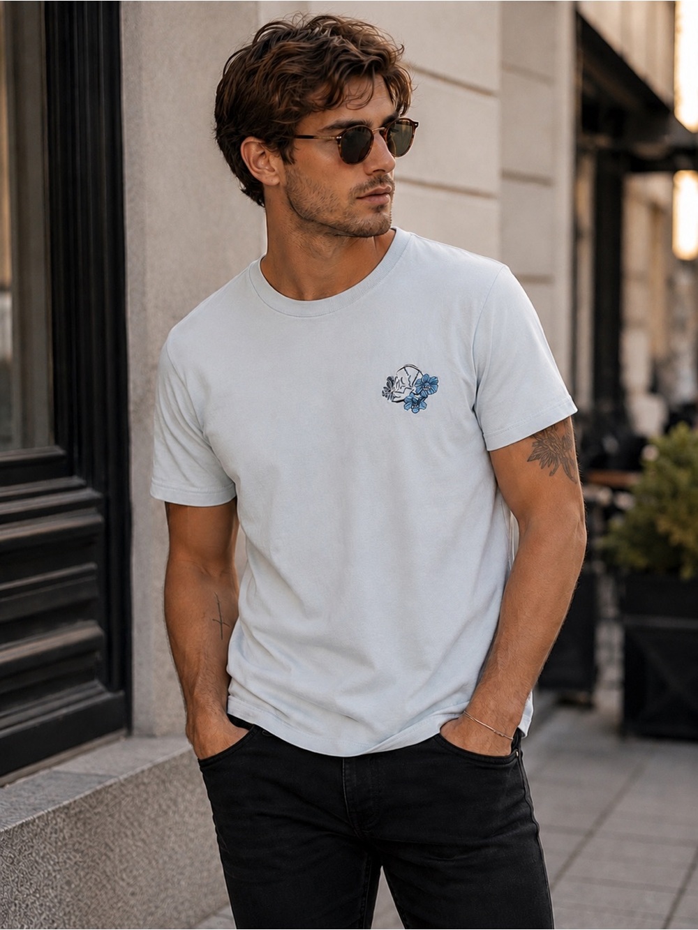 The Kooples Men’s Large Organic Cotton Skull Floral Embroidered T-Shirt